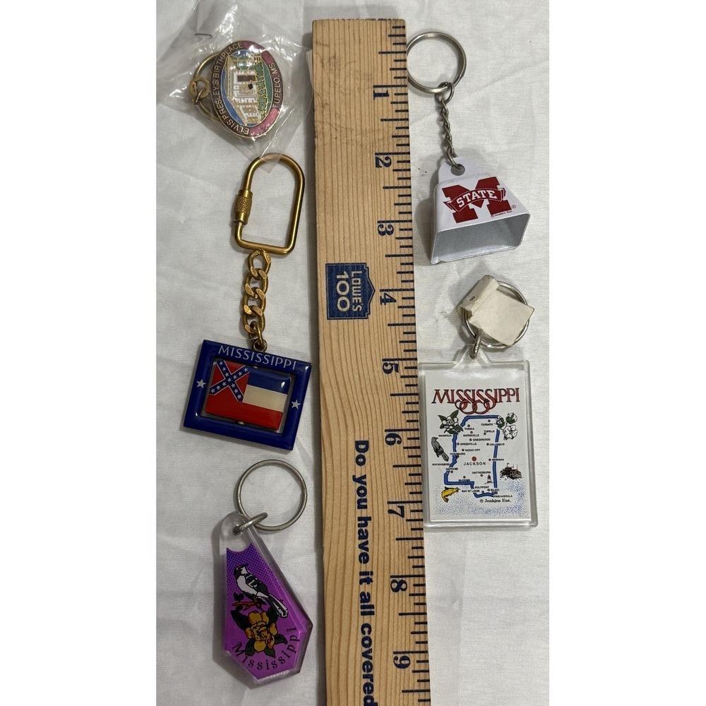 Lot of 5 Mississippi Keychains Bird & Flower, Map, Bell, Flag, Tupelo‎